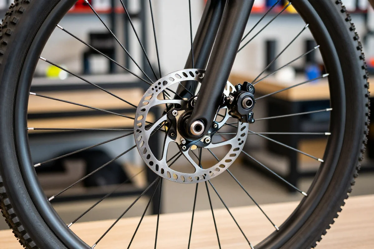 Szczegóły układu hamulcowego w rowerze górskim w warsztacie rowerowym.