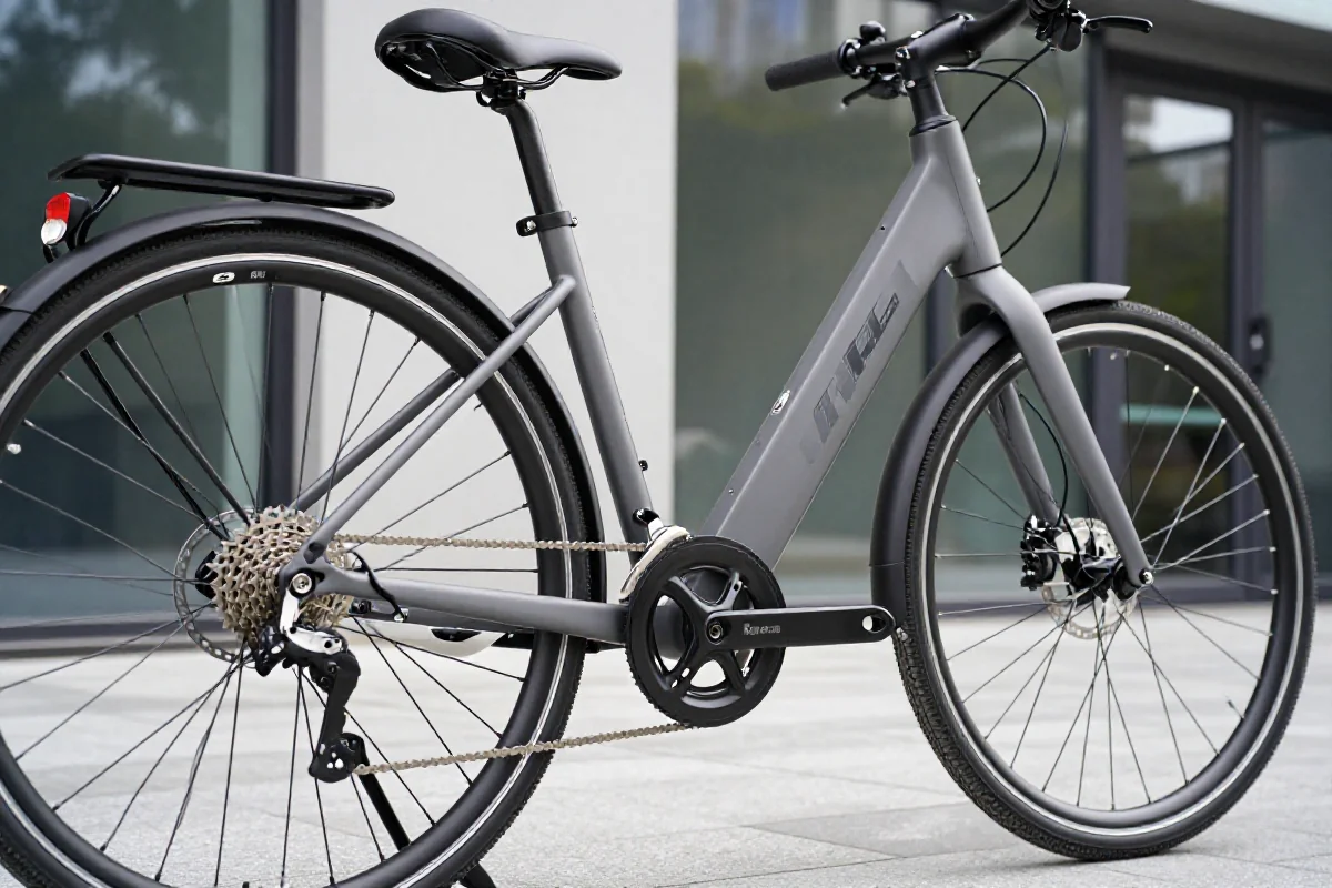 Nowoczesny rower elektryczny z widocznymi detalami i osprzętem w miejskim otoczeniu.
