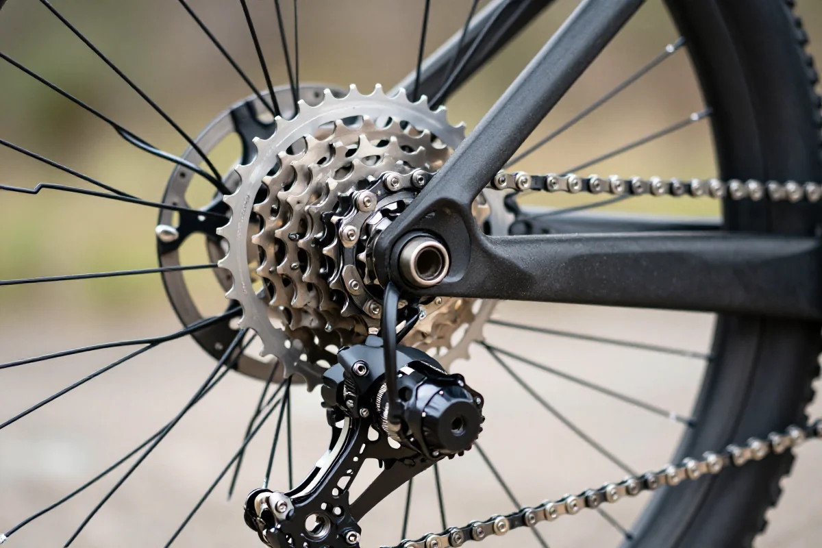 Zbliżenie na łańcuch rowerowy MTB i zębatki, pokazujące szczegóły i stan komponentów.