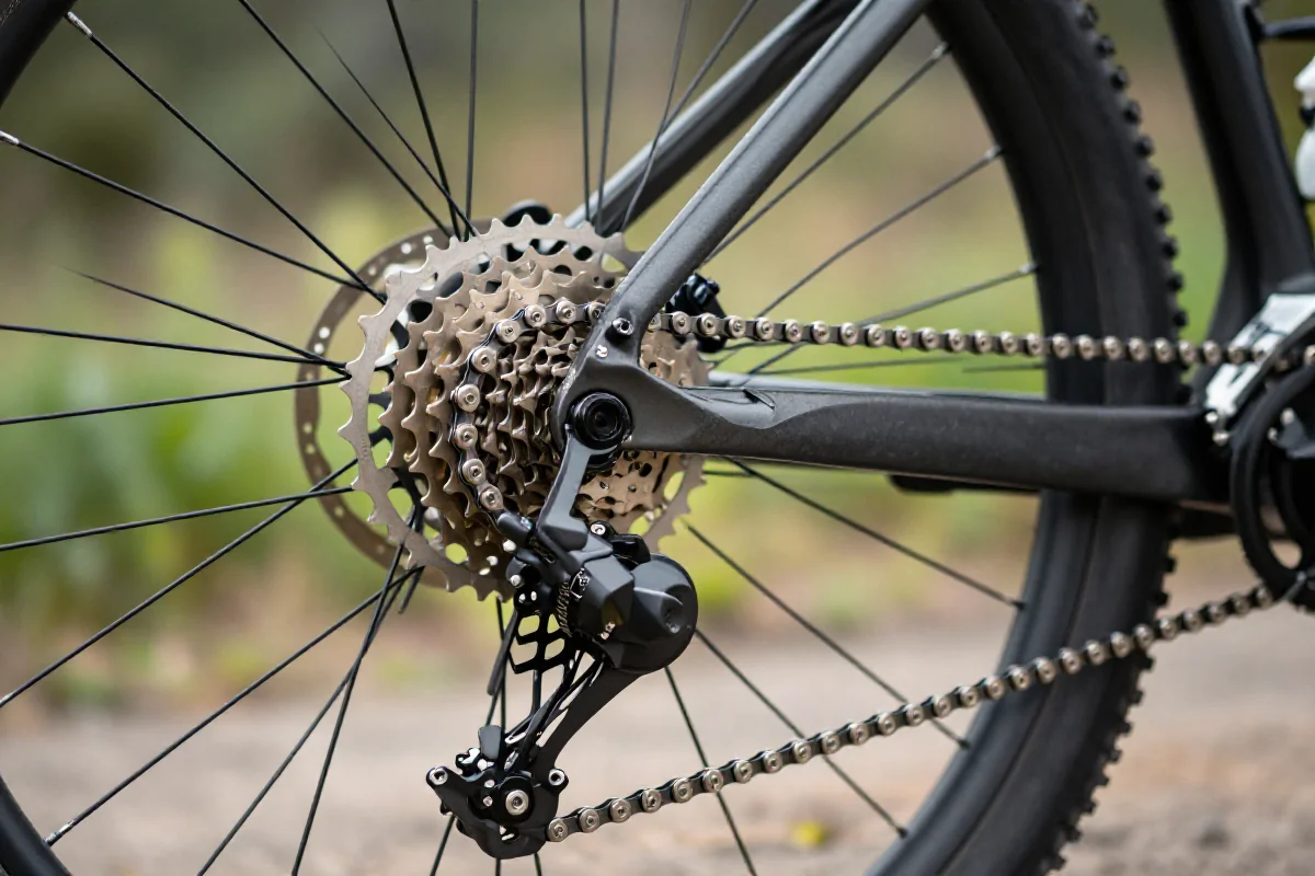 Zbliżenie na łańcuch roweru górskiego, podkreślające szczegóły napędu MTB.