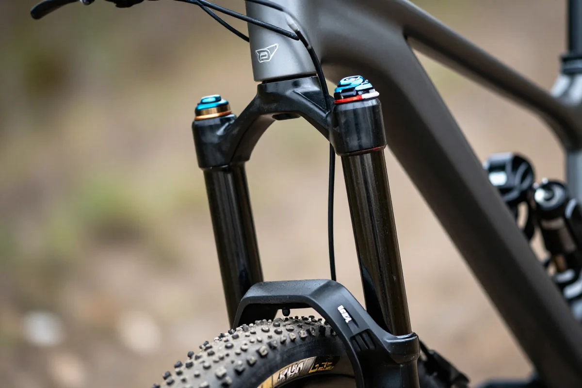 Widok na amortyzator roweru górskiego z widocznymi uszczelkami i olejem.