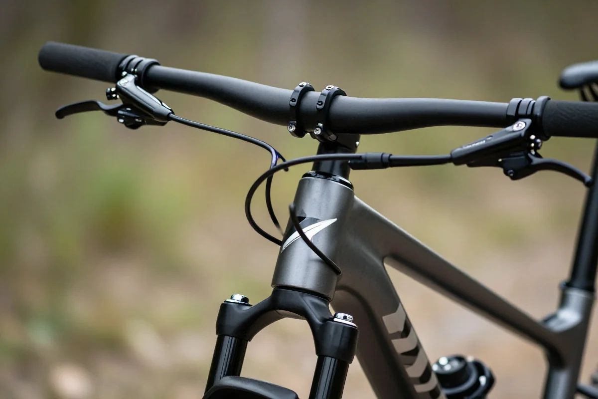 Kierownica i mostek MTB w naturalnym otoczeniu, ergonomiczne komponenty roweru górskiego.