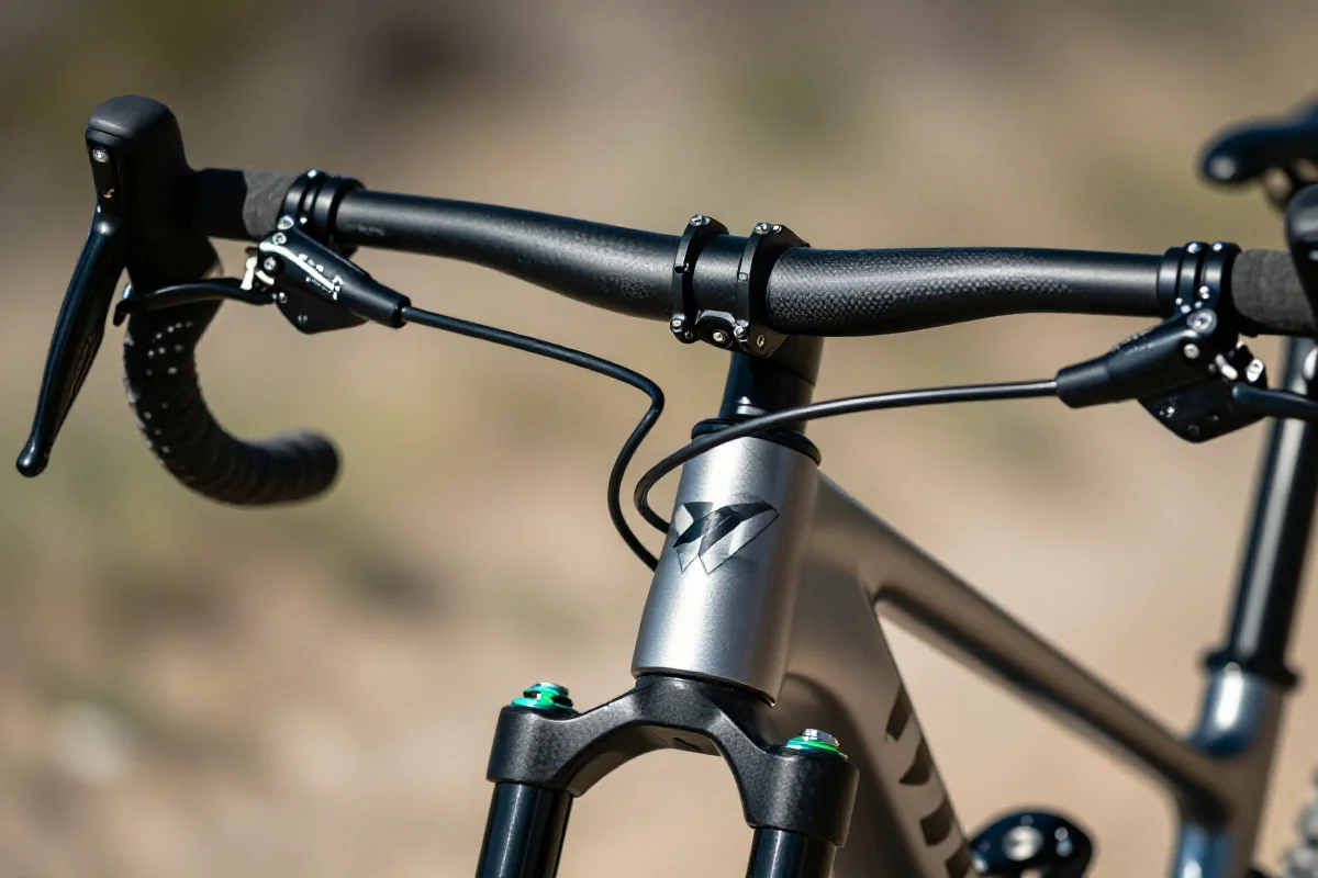 Szeroka kierownica MTB wykonana z aluminium i węgla, podkreślona naturalnym światłem.