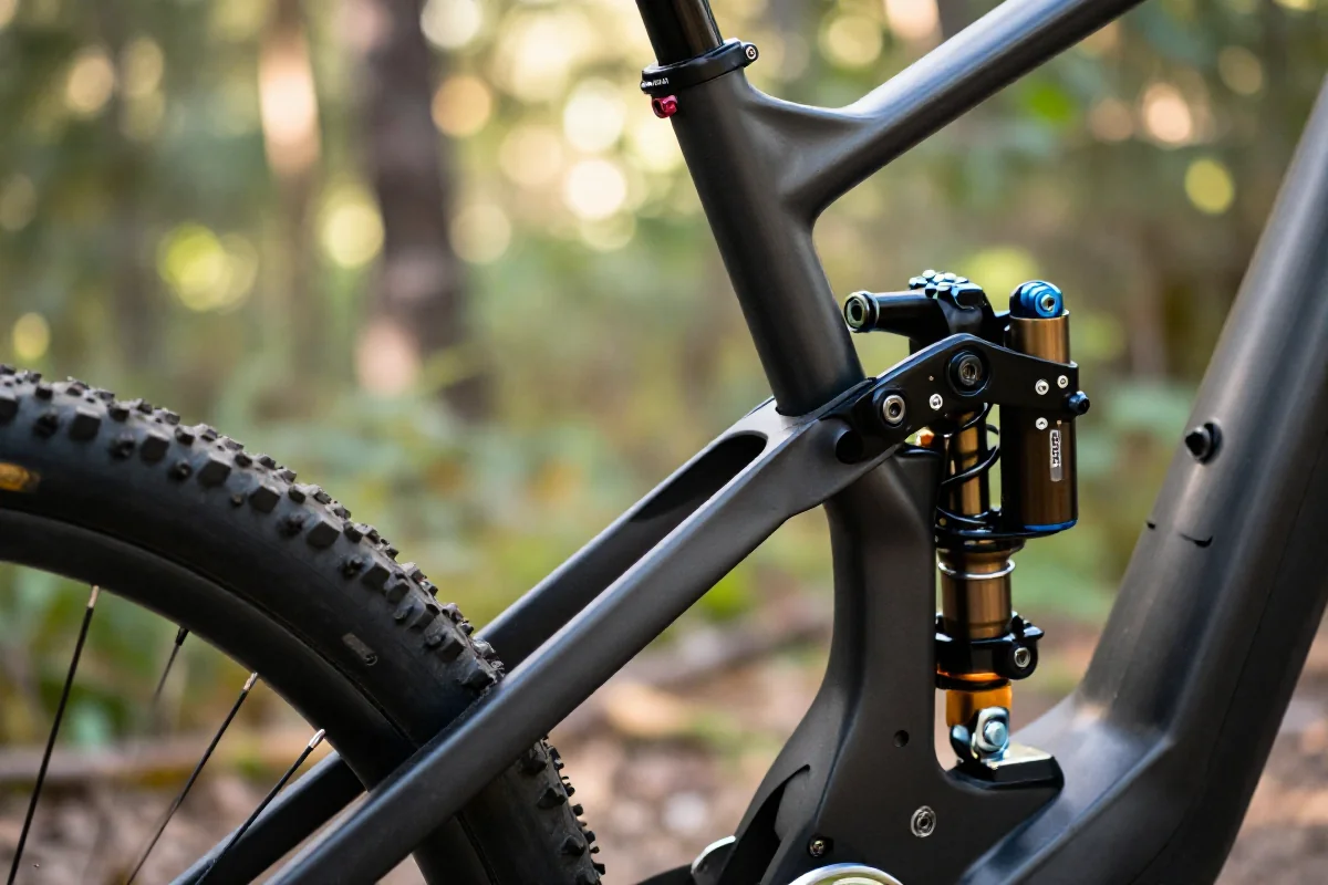 Zbliżenie na system zawieszenia roweru MTB z pojedynczym punktem obrotu.