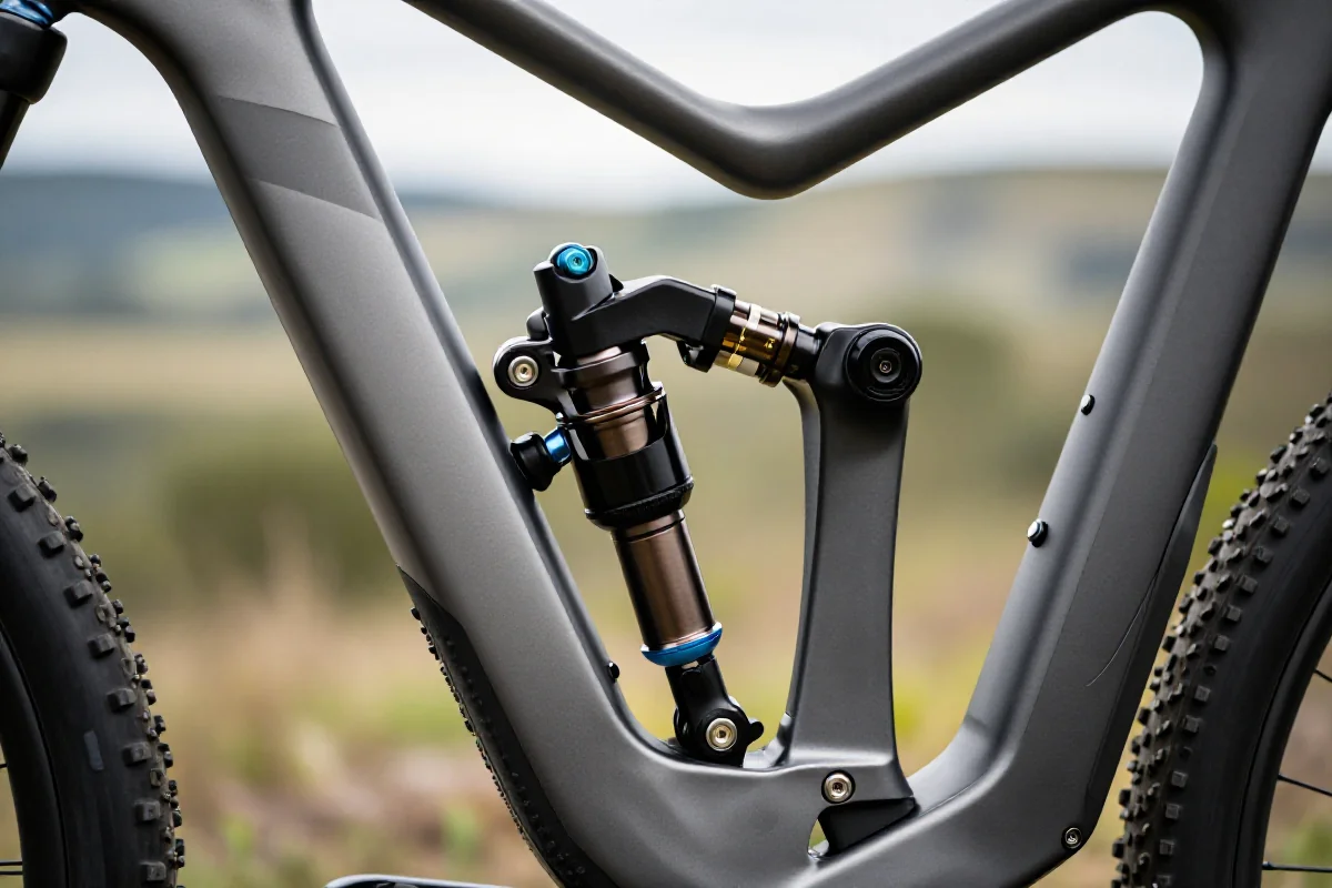 Zbliżenie nowoczesnego systemu zawieszenia roweru górskiego z detalami kinematyki.