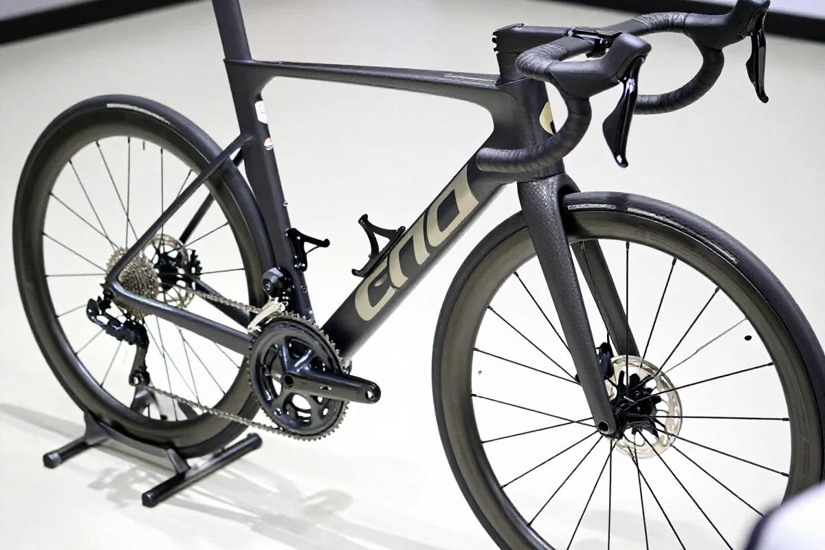 Szczegóły wysokiej wydajności roweru szosowego z precyzyjnymi komponentami.