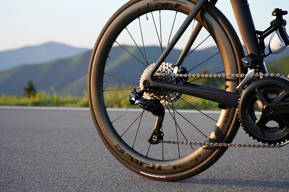 Szczegóły systemu napędowego roweru szosowego na tle górskim.