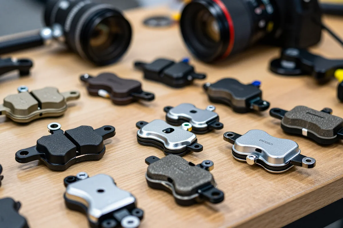 Różne typy klocków hamulcowych MTB na stole warsztatowym