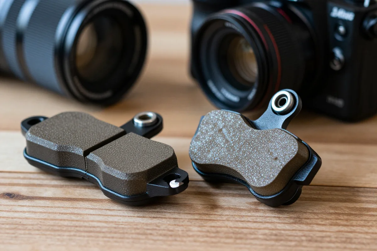 Klocki hamulcowe organiczne na drewnianej powierzchni, szczegóły i tekstura.