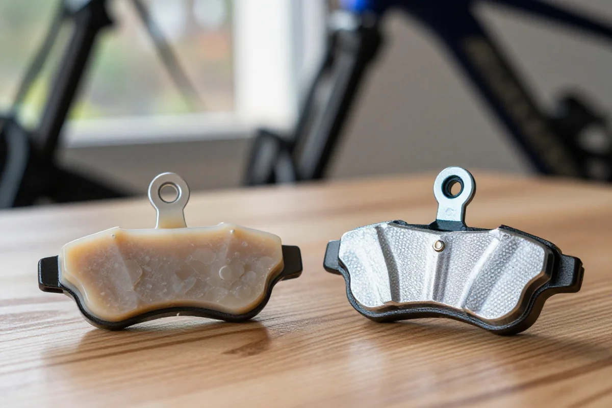 Porównanie klocków hamulcowych resin i metallic na drewnianej powierzchni.