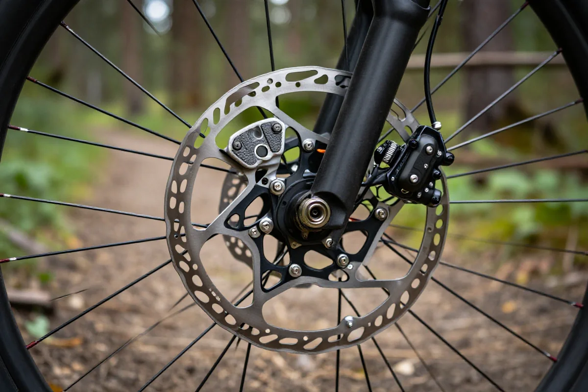 Zbliżenie na klocki organiczne hamulców w rowerze MTB