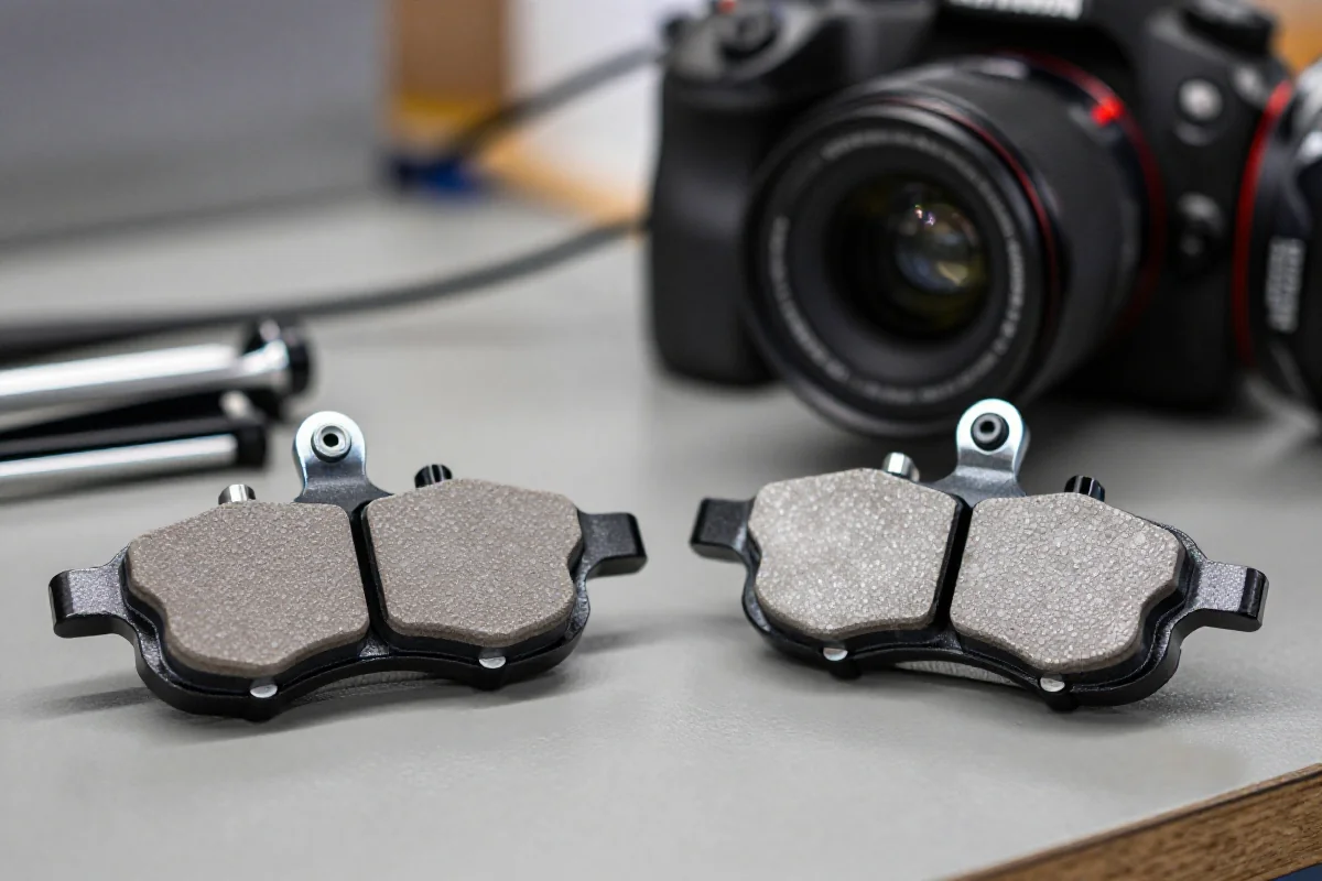 Klocki hamulcowe organiczne i metaliczne na stole warsztatowym