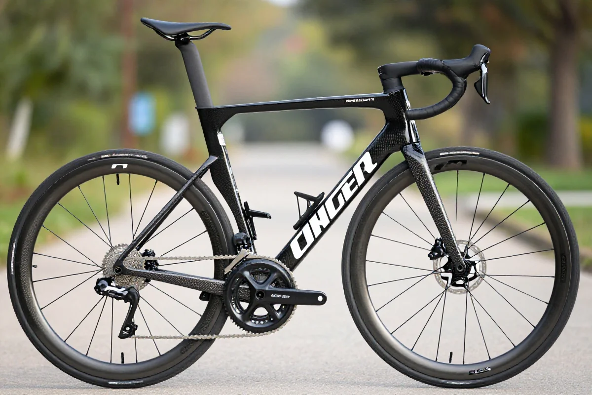 Szosowy rower wyścigowy z karbonową ramą i aerodynamicznymi detalami.