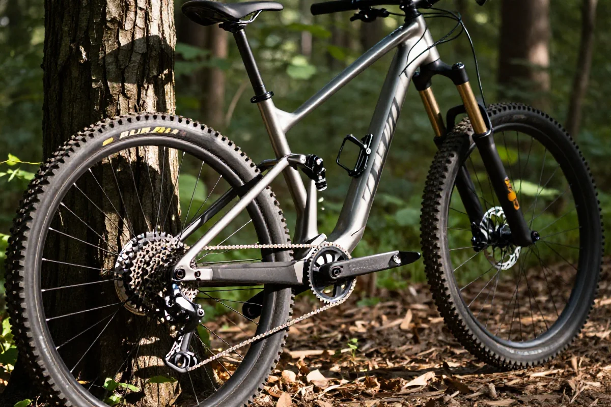 Rower górski oparty o drzewo w lesie, z widocznymi detalami komponentów.