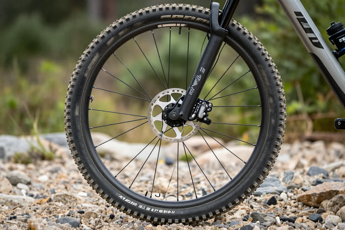 Bliska fotografia koła roweru górskiego 29 cali na skalistym terenie.