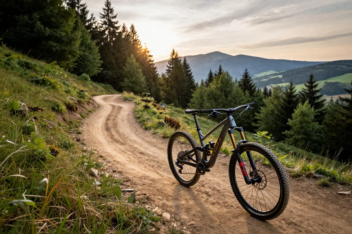 Zjazdowa trasa w bike parku z widokiem na góry i rower górski.