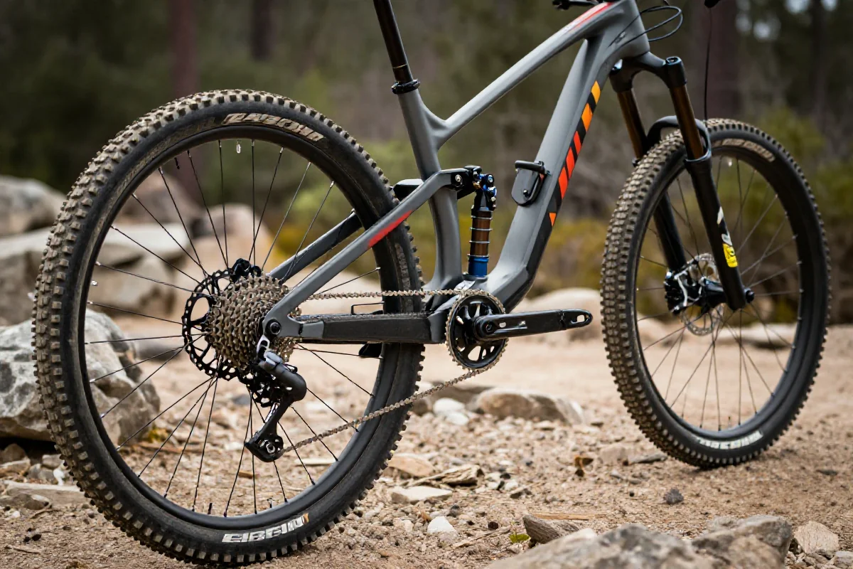 Blisko zdjęcie roweru górskiego na szlaku, podkreślające detale techniczne.
