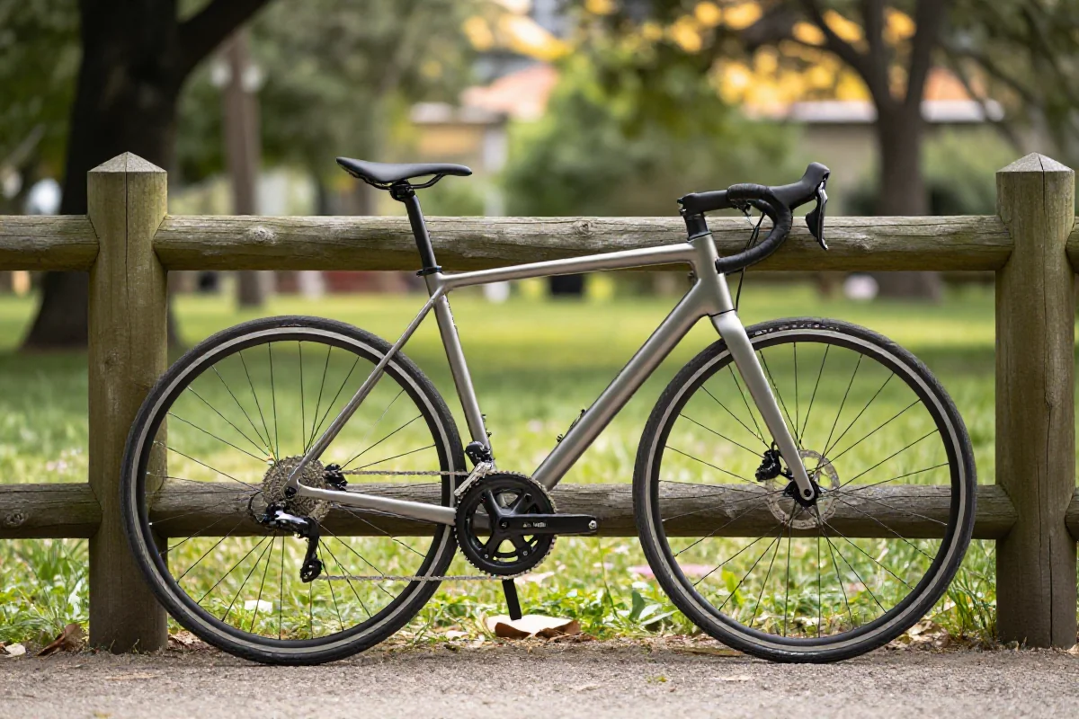 Nowoczesny rower oparty o drewniany płot w słonecznym parku