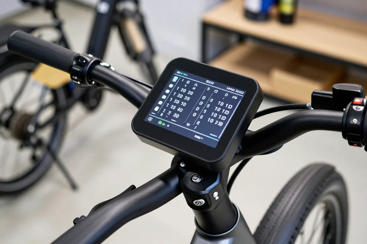 Wyświetlacz roweru elektrycznego z kodami błędów Bosch w warsztacie.