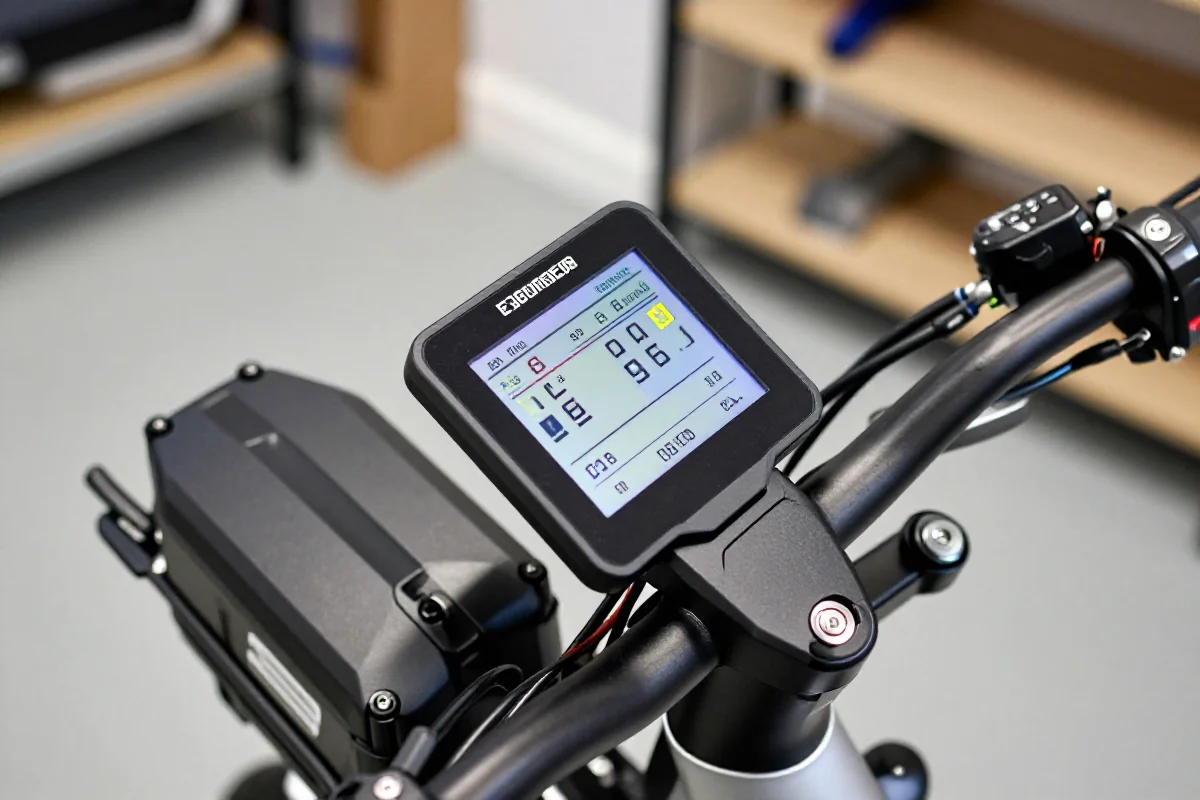 Panel sterujący roweru elektrycznego z wyświetlonymi kodami błędów.