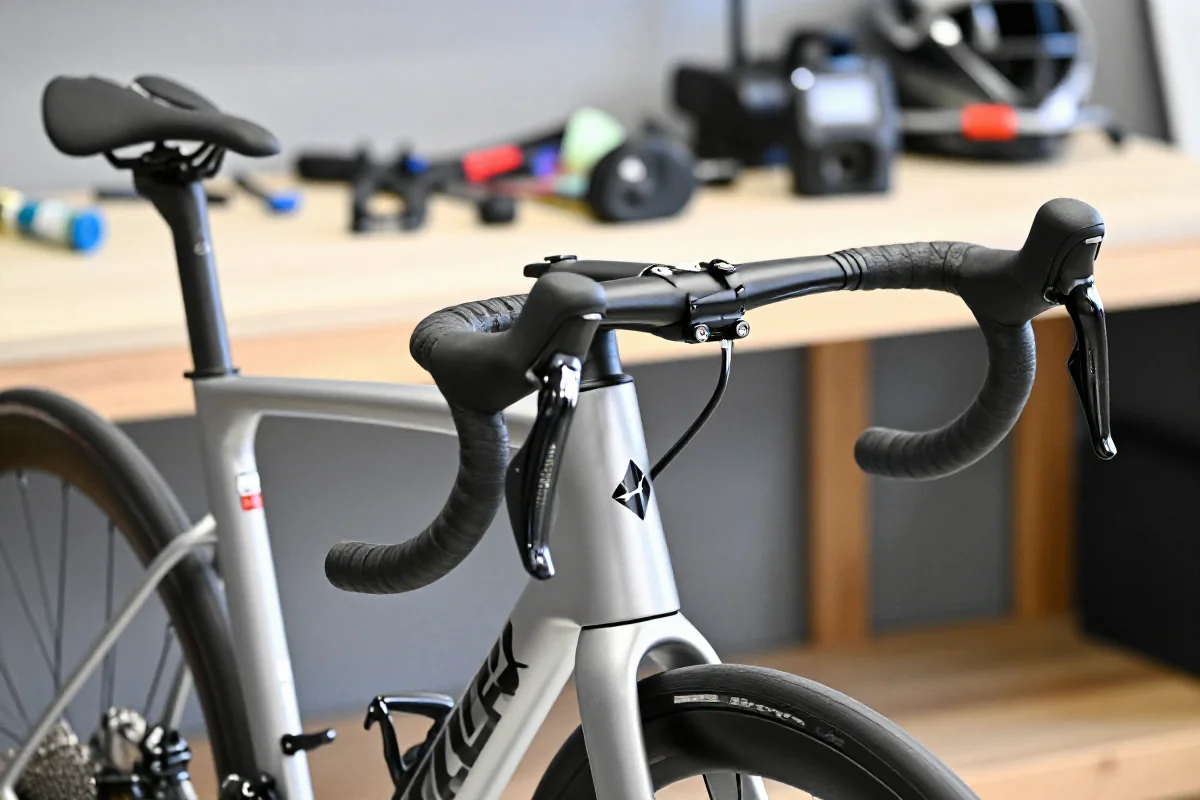 Kokpit roweru szosowego z kierownicą, mostkiem i siodełkiem w warsztacie