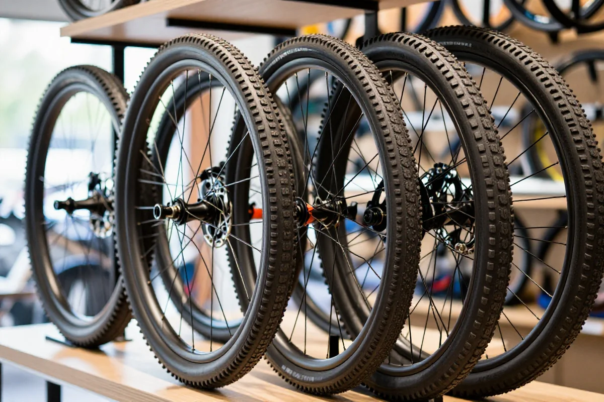 Różne rozmiary kół MTB: 26, 27.5 i 29 cali w warsztacie.