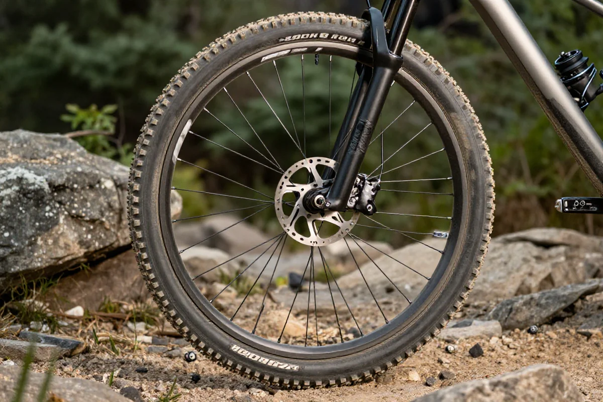 Widok koła 27.5 cala roweru górskiego na szlaku, podkreślający jego wszechstronność.