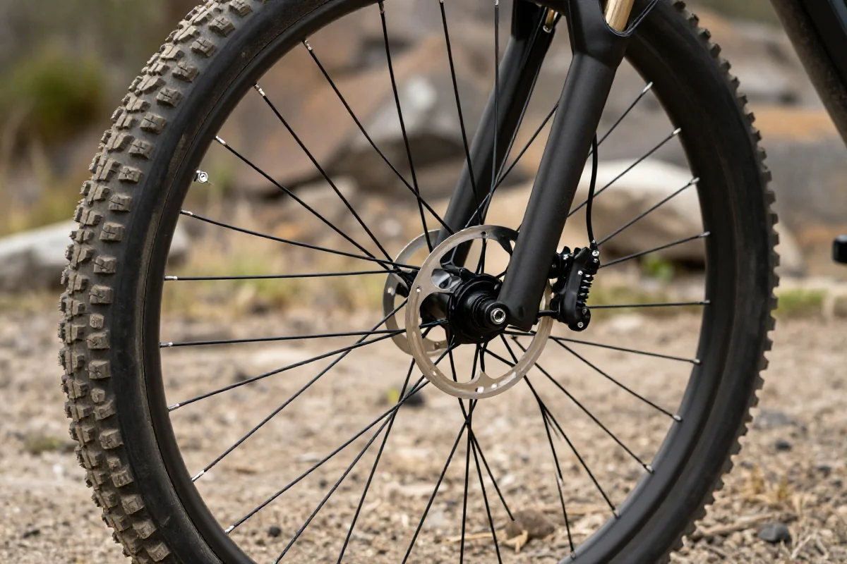 Zbliżenie na koło 29 cali roweru górskiego w terenie