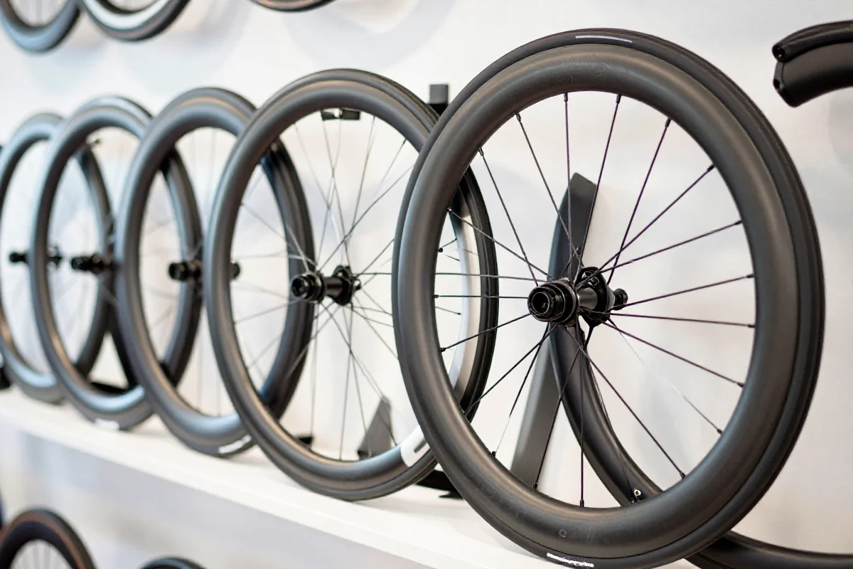 Wybór kół do czasówki o różnych głębokościach profilu na białym tle.