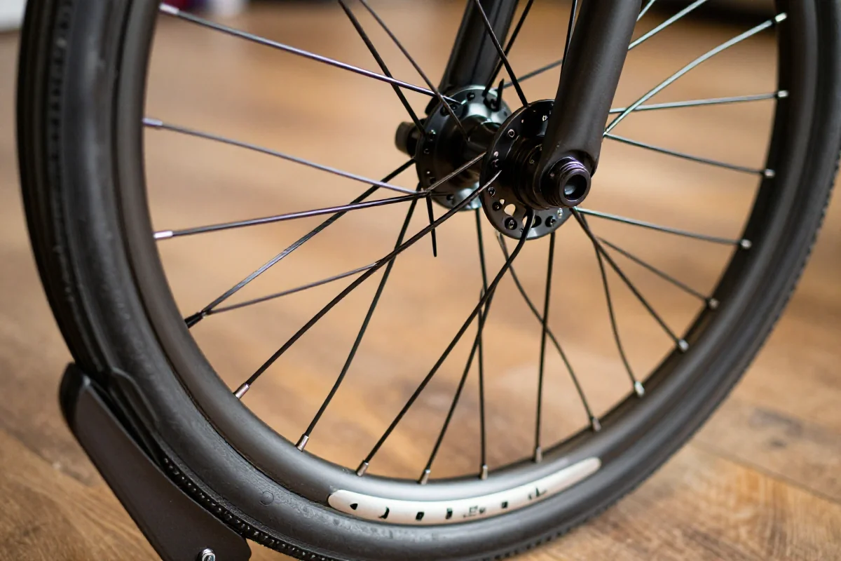 Szczegółowe zdjęcie kół MTB, ukazujące obręcze i szprychy roweru górskiego.