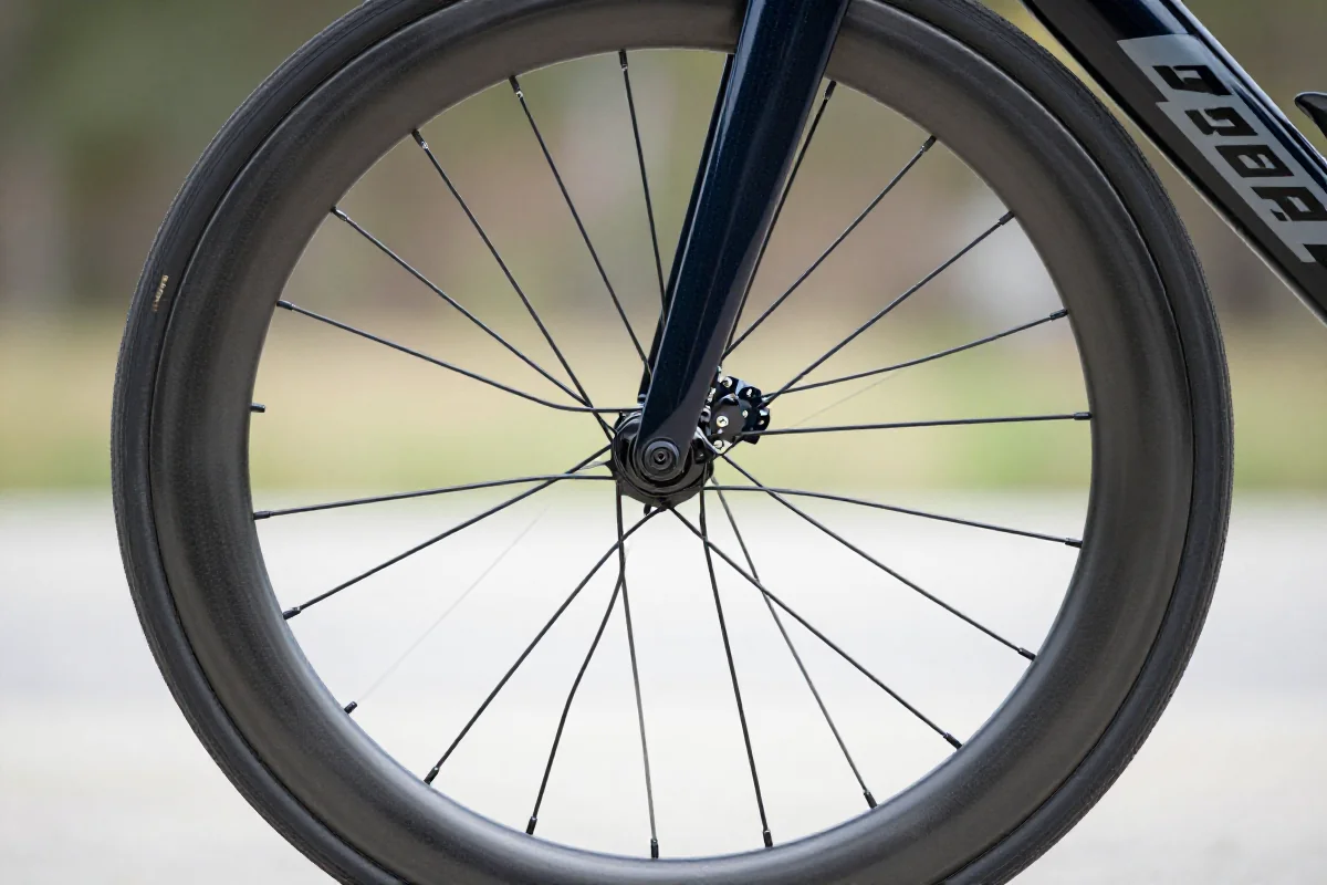 Zbliżenie na koło roweru szosowego z aerodynamiczną obręczą i szeroką oponą.