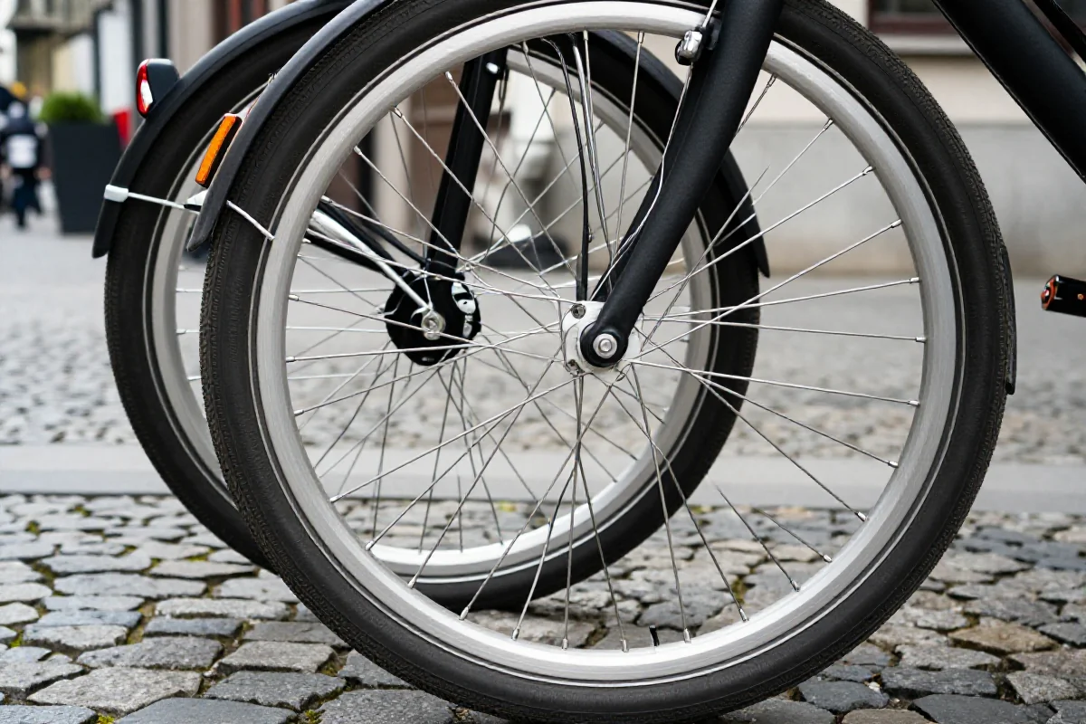 Zbliżenie kół rowerów miejskich z oponami w miejskim otoczeniu
