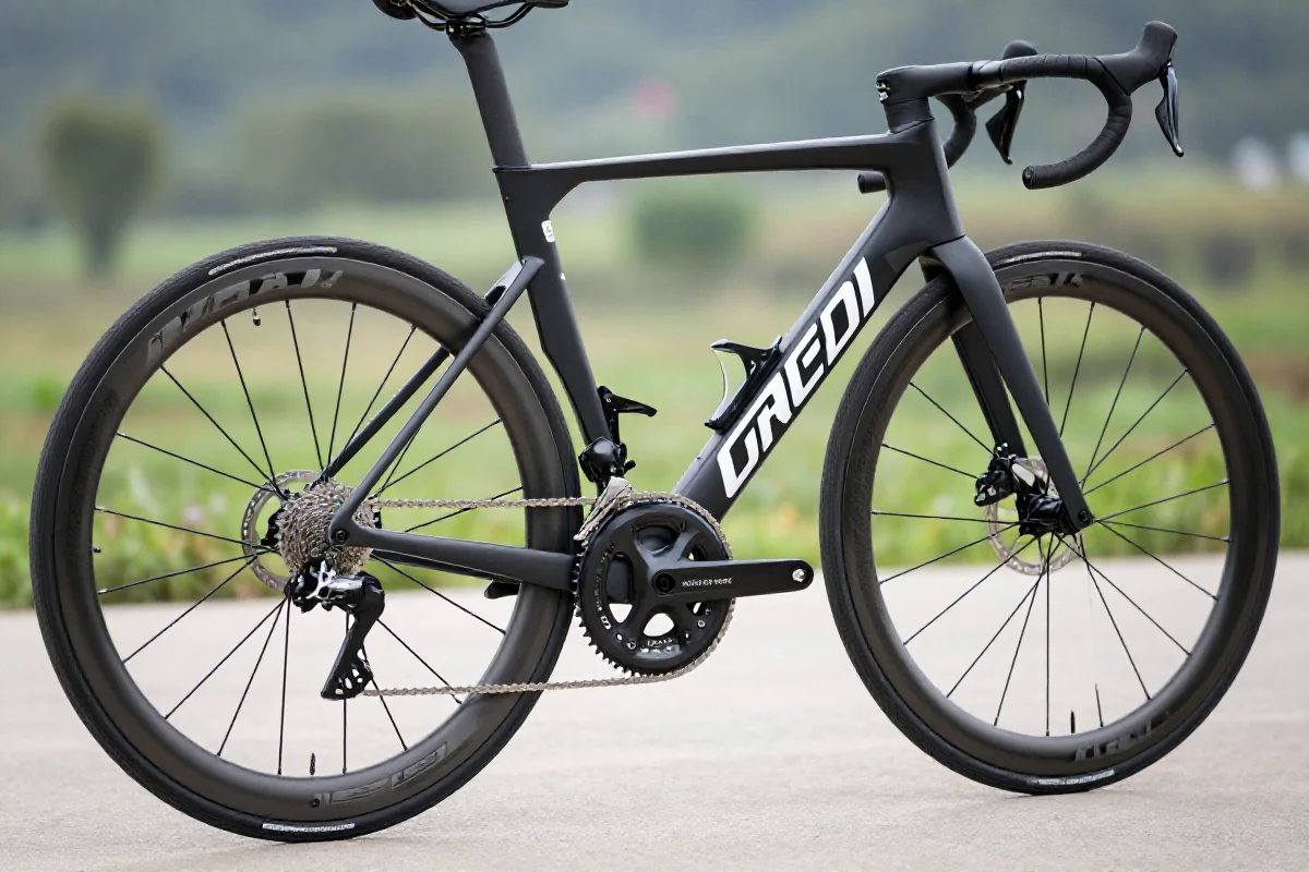 Szosowy rower wyścigowy z detalami konstrukcyjnymi na tle ścieżki rowerowej