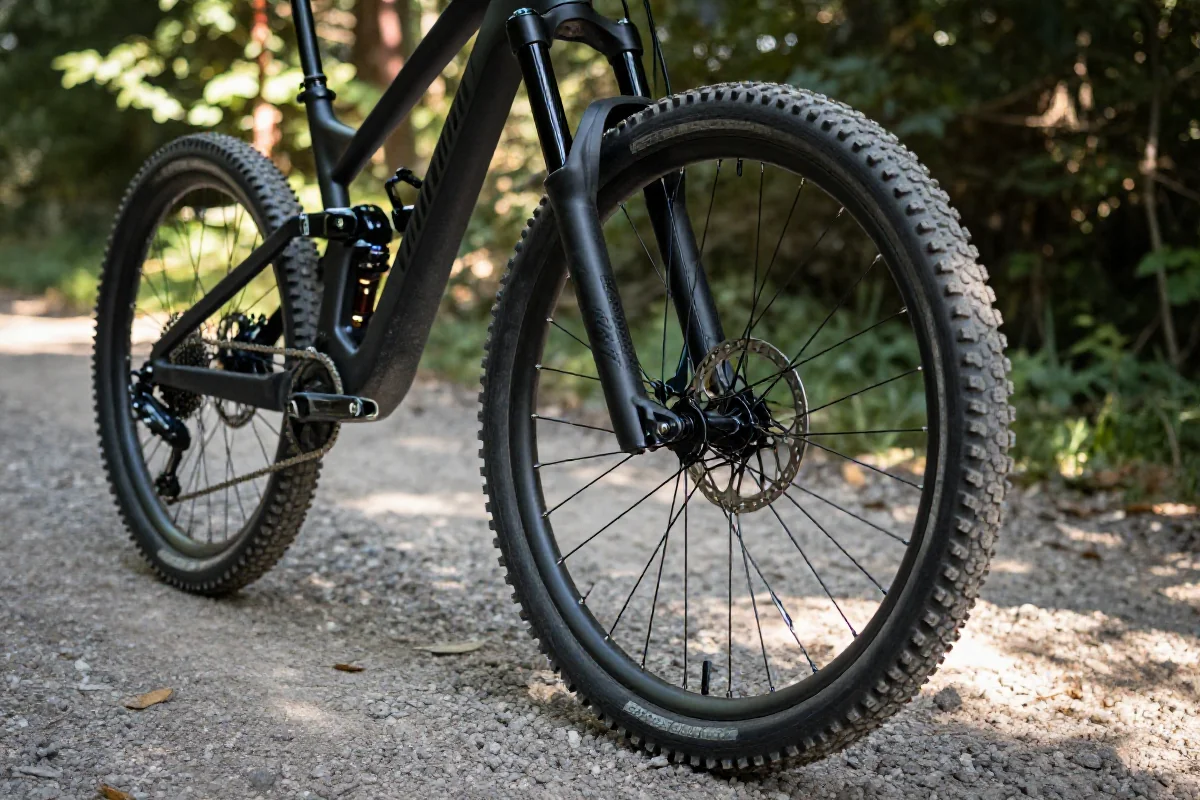 Rower górski na ścieżce, ukazujący szczegóły techniczne i bezpieczeństwo.