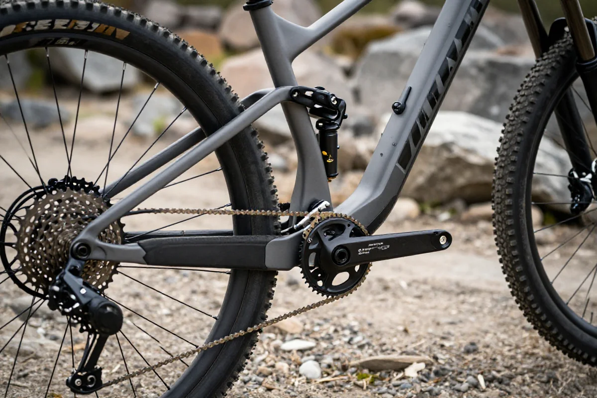 Szczegółowy widok ramy roweru górskiego z elementami technicznymi