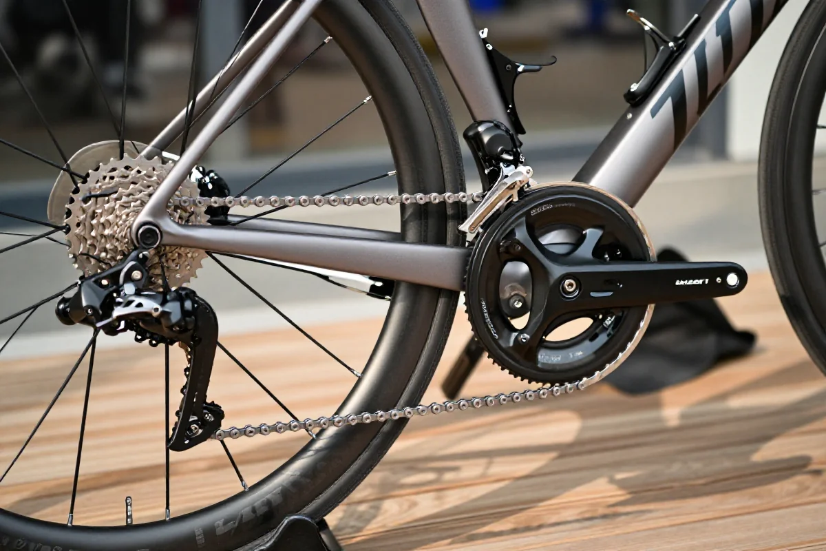 Szczegółowy widok na komponenty roweru szosowego, w tym napęd i hamulce.