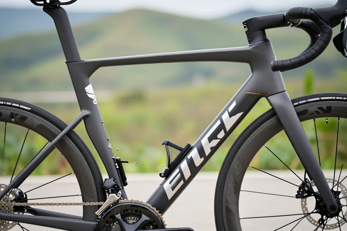 Szczegółowy widok ramy roweru szosowego na trasie rowerowej