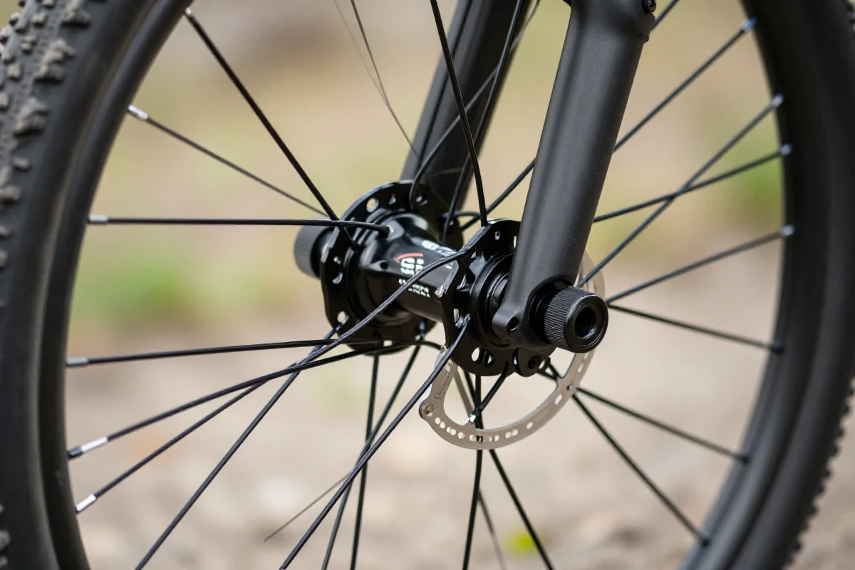 Szczegóły osi przelotowej roweru górskiego z standardem Boost