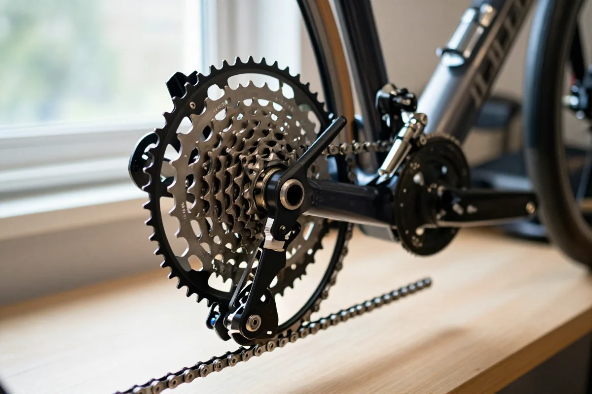 Zbliżenie na komponenty napędu roweru elektrycznego, w tym łańcuch i zębatki.