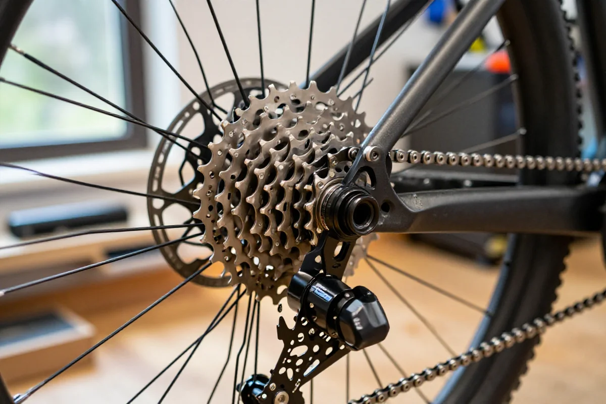 Zbliżenie na kasetę i łańcuch MTB, podkreślające ich kompatybilność.