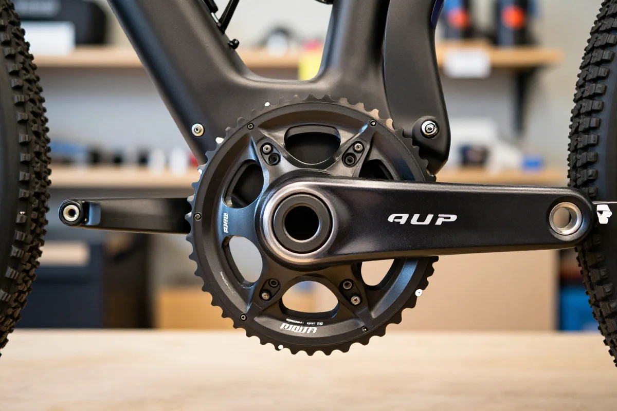 Zbliżenie na korbę i suport MTB, ukazujące szczegóły technologii DUB, GXP i Hollowtech II.