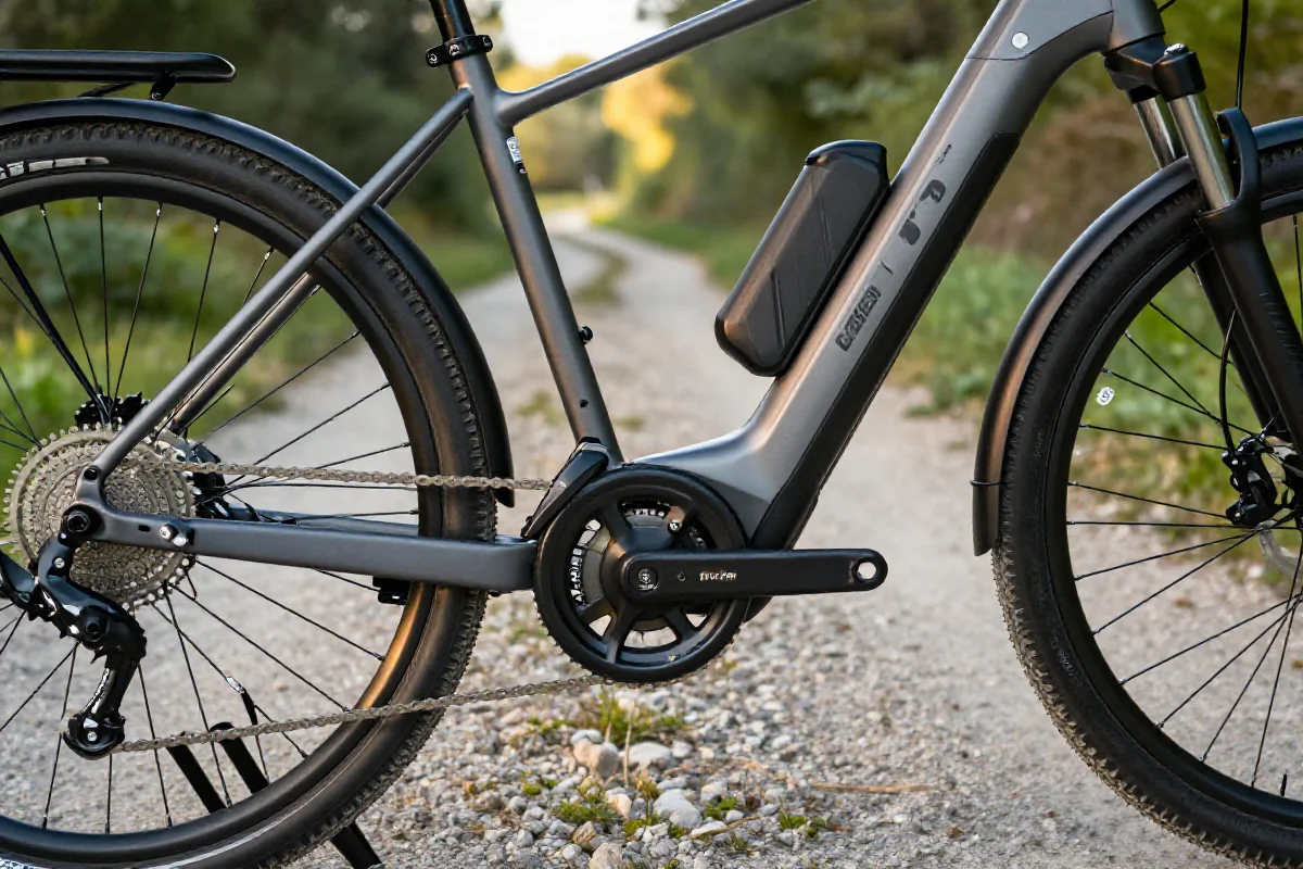 Szczegółowy widok na elektryczny rower do bikepackingu w naturalnym otoczeniu.