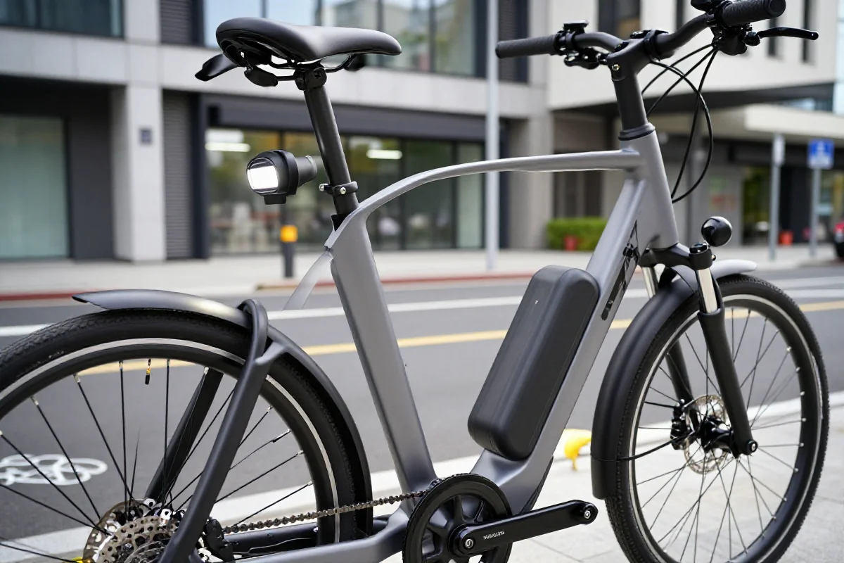Nowoczesny rower elektryczny w miejskim otoczeniu, z widocznymi detalami i technologią.