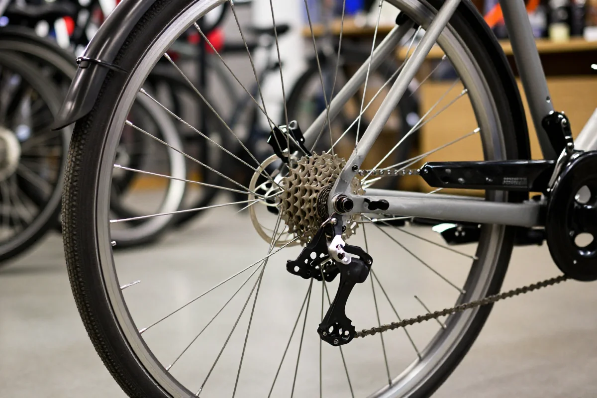 Tuning roweru miejskiego: szczegółowy widok komponentów roweru w warsztacie.