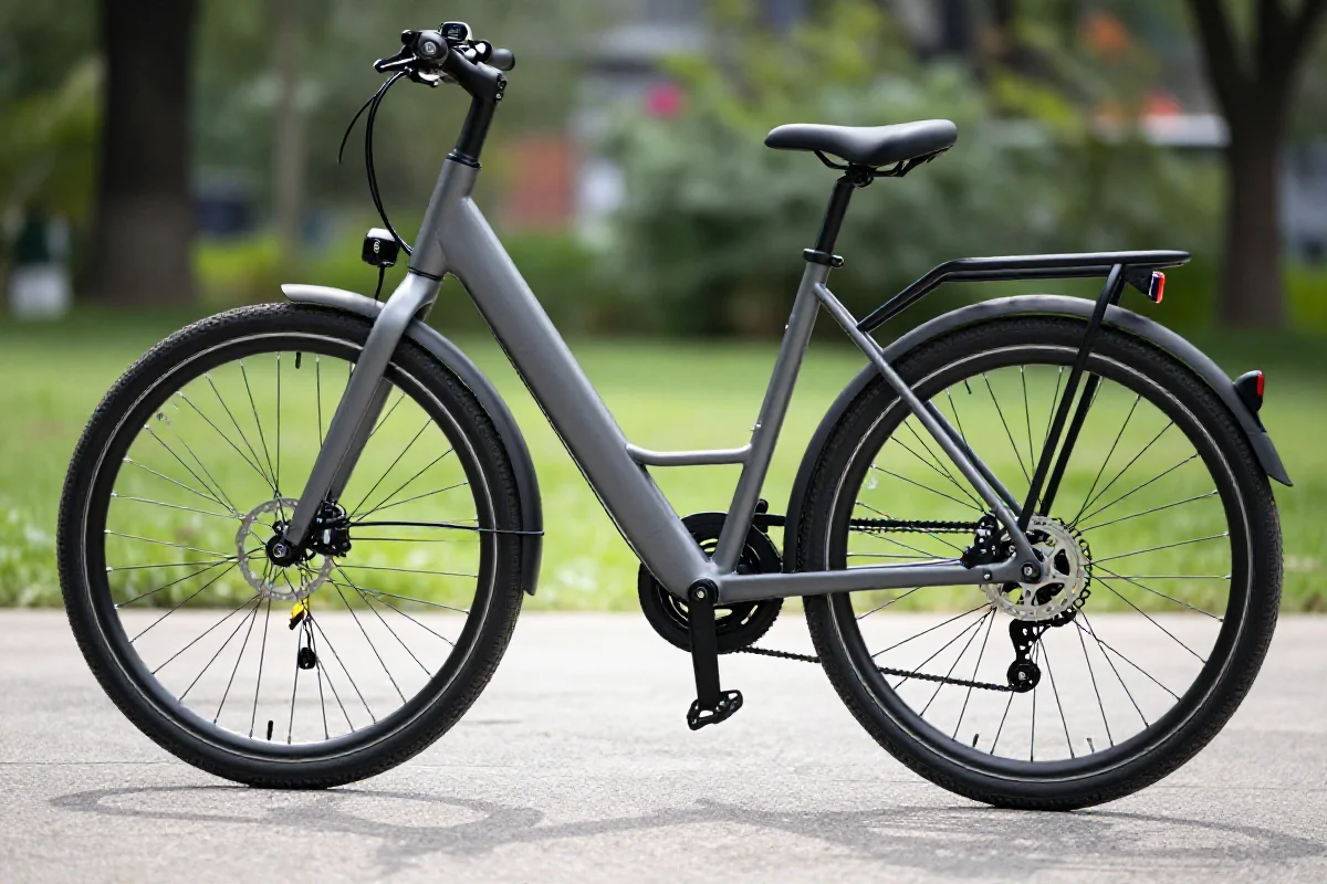 Nowoczesny rower elektryczny z fotelikiem dla dziecka w parku.