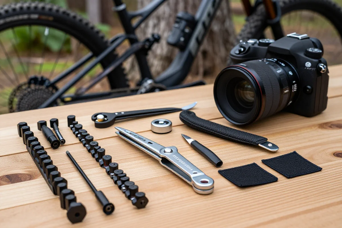 Zestaw naprawczy do rowerów górskich na drewnianym stole