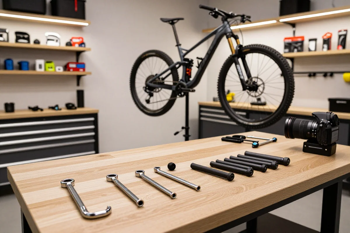 Domowy warsztat do serwisu roweru górskiego z narzędziami i rowerem MTB.