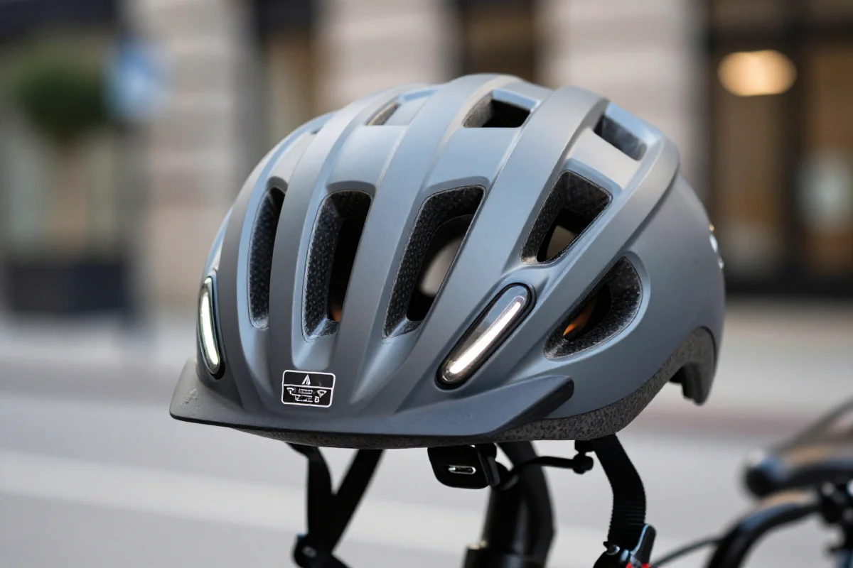 Nowoczesny kask miejski dla rowerzystów e-bike z wbudowanym oświetleniem LED.