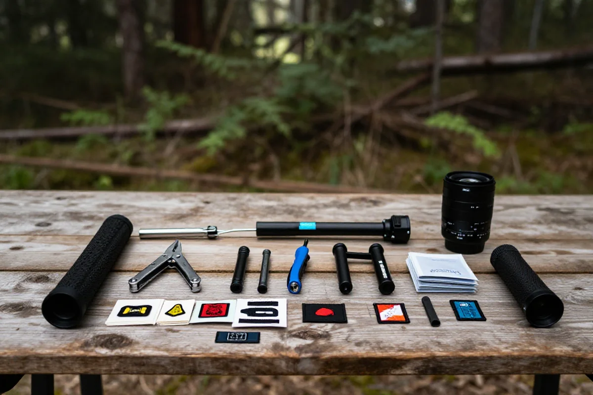 Zestaw narzędzi do bikepackingu na drewnianym stole w lesie.