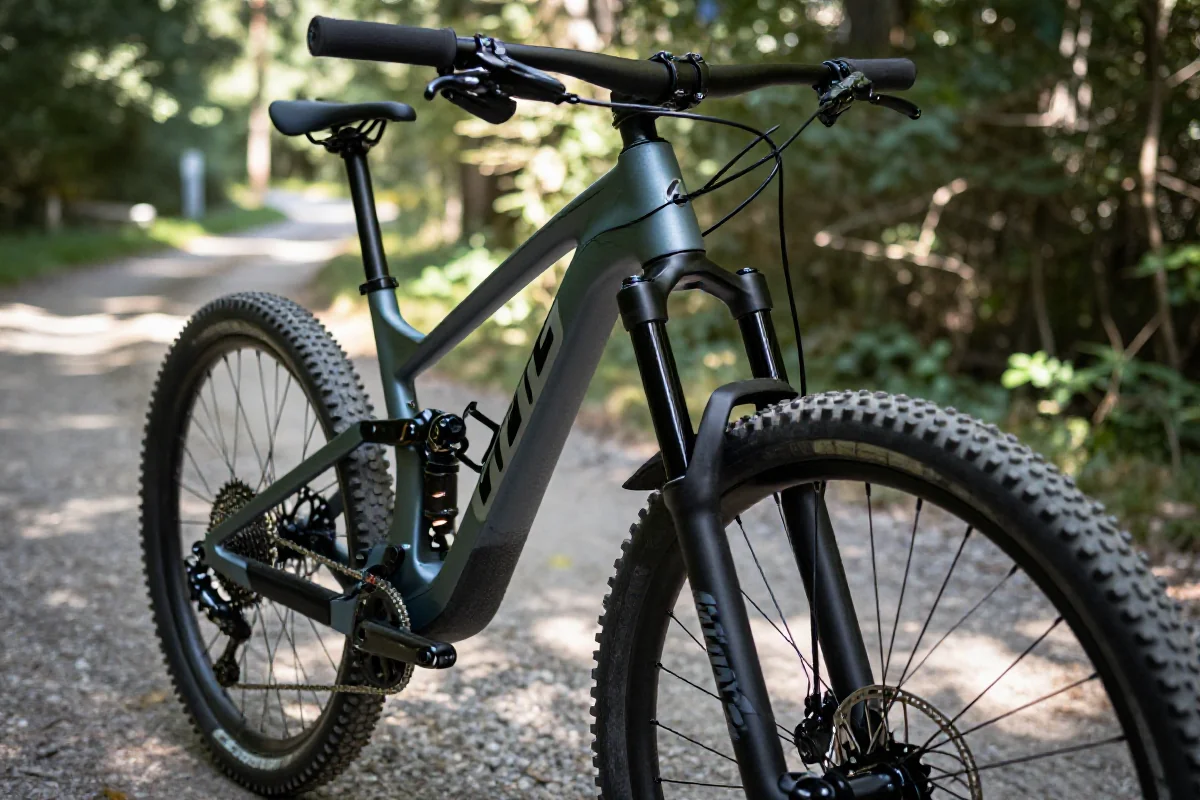 Nowoczesny rower górski na szlaku, ukazujący kluczowe elementy zestawu MTB.